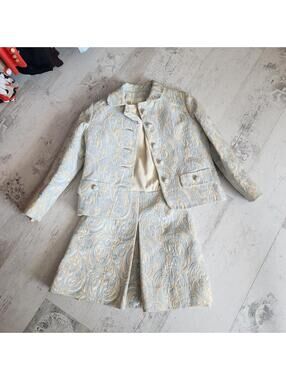 Vintage PAB Blue Cream Brocade Suit Set Jacket & Dress Women’s 5 Retro Formal